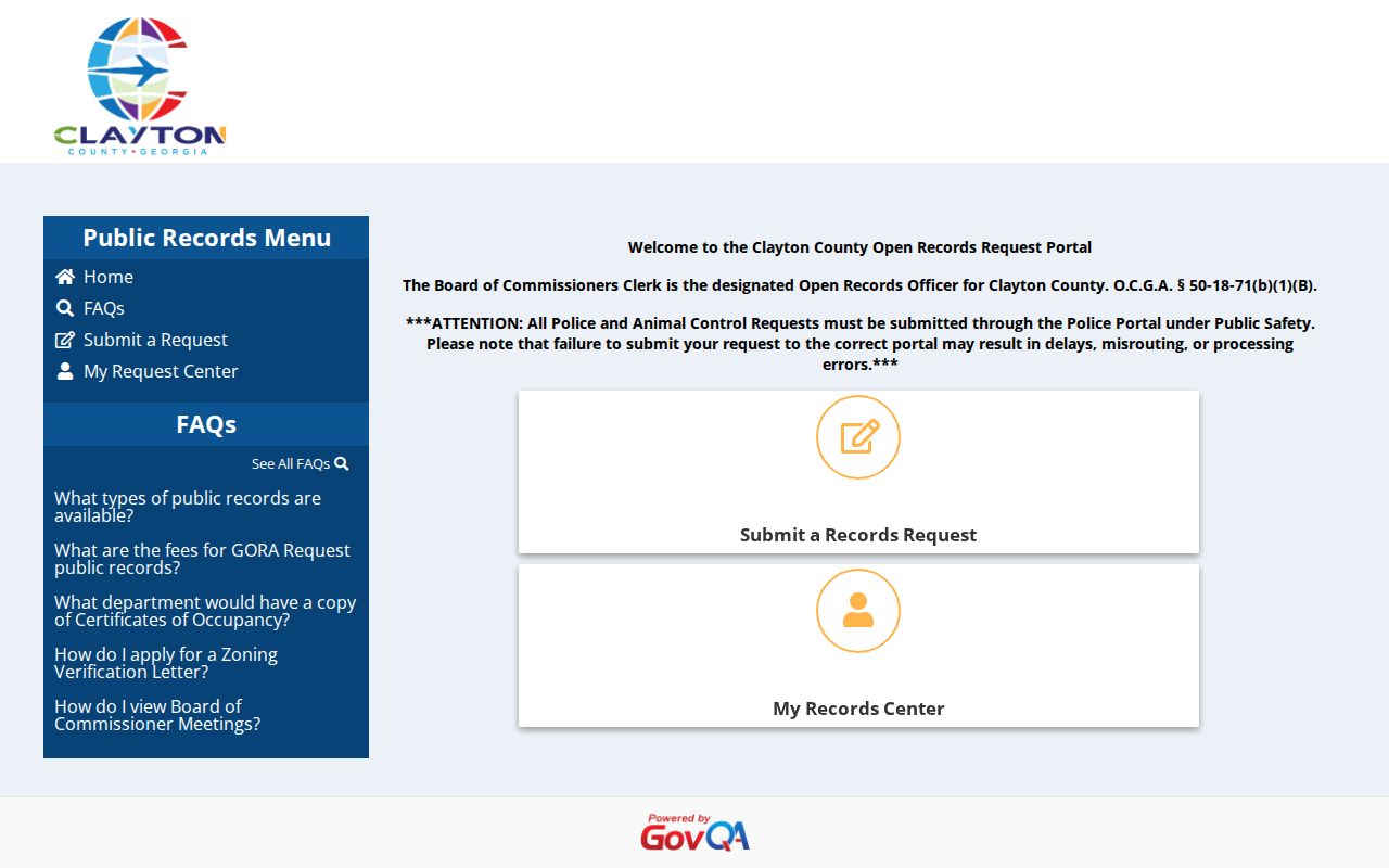 Clayton County public records GovQA request portal
